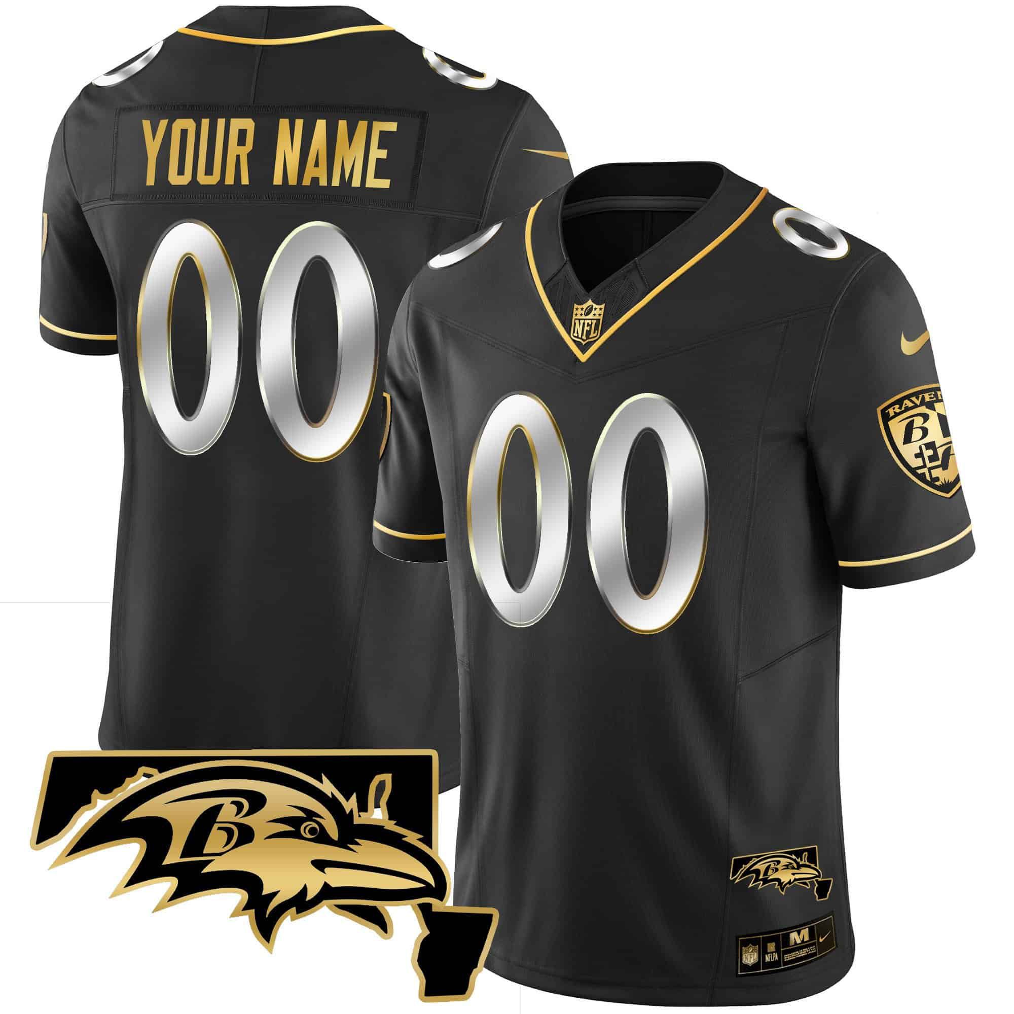 Men Baltimore Ravens Black Gold 2024 Nike Maryland Patch Vapor Custom NFL Jersey style 1